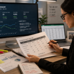 A professional real estate editor meticulously cross-referencing an AI-generated market summary on a monitor with physical financial reports and digital spreadsheets. The scene highlights the transition between automated claims and original source data, with an analytical focus on verifying figures and market trends. The setting is a modern editorial office, emphasizing the investigative comparison of text and raw data.