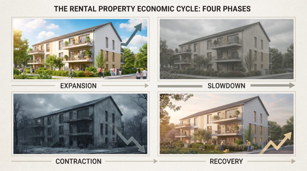 Transform the four-panel architectural graphic of the rental property to reflect economic cycles: the expansion panel should have vibrant sunlight and saturated colors; the slowdown panel features muted tones and overcast lighting; the contraction panel uses cold, desaturated hues and deep shadows; and the recovery panel displays a warm, soft morning light with refreshed textures, maintaining the original building structure and composition throughout.