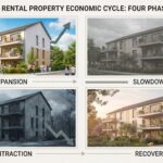 Transform the four-panel architectural graphic of the rental property to reflect economic cycles: the expansion panel should have vibrant sunlight and saturated colors; the slowdown panel features muted tones and overcast lighting; the contraction panel uses cold, desaturated hues and deep shadows; and the recovery panel displays a warm, soft morning light with refreshed textures, maintaining the original building structure and composition throughout.