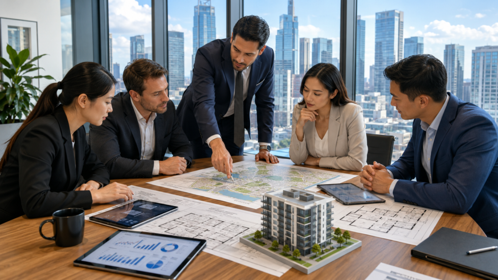 Real estate professionals in professional business attire are gathered around a sleek wooden conference table, deeply engaged in a strategic discussion. The table is covered with printed architectural floor plans, digital tablets displaying market data charts, and a small 3D model of a modern apartment building. One person points to a specific area on a map while others lean in with attentive expressions. Large floor-to-ceiling windows in the background reveal a clear view of a metropolitan skyline during the day, filling the room with bright, natural light.