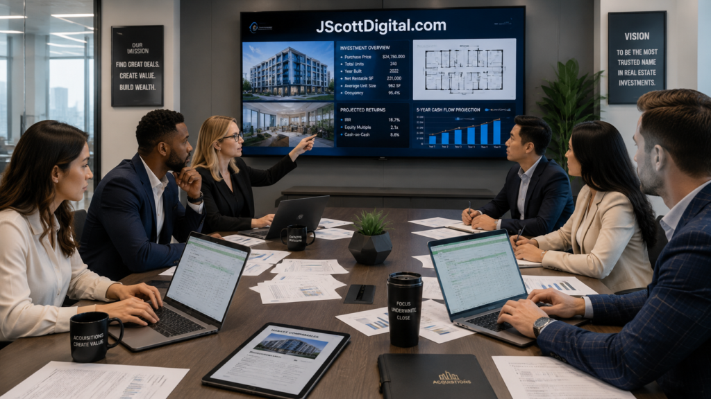 A diverse team of real estate acquisition professionals sits around a sleek conference table in a modern, glass-walled boardroom.