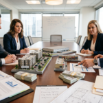 Professional real estate investors in business attire gathered around a polished conference table. The central focus is a strategic portfolio plan featuring detailed architectural models of apartment buildings, retail stores, and industrial facilities. Surrounding the models are realistic stacks of banknotes, detailed financial documents, and handwritten financing notes, all rendered with sharp textures and illuminated by clean, professional office lighting. On one of the models is the URL JScottDigital.com