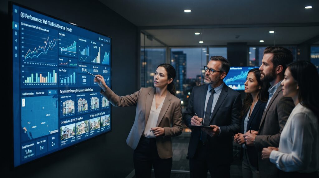 A professional investment team in a modern corporate setting gathered around digital displays, intently analyzing glowing line graphs of web traffic and financial revenue charts. The screens feature residential property listings and real estate data visualizations. Soft, focused lighting highlights the data on the monitors, creating a serious and collaborative atmosphere for business acquisition.