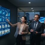 A professional investment team in a modern corporate setting gathered around digital displays, intently analyzing glowing line graphs of web traffic and financial revenue charts. The screens feature residential property listings and real estate data visualizations. Soft, focused lighting highlights the data on the monitors, creating a serious and collaborative atmosphere for business acquisition.