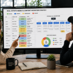 Two content creators collaborating on a real estate website content migration strategy displayed on a screen. The visual plan features a detailed spreadsheet or diagram with distinct color-coded categories for pages to be retained, rewritten, consolidated, and removed. The composition focuses on their active review of the site map and digital architecture within a professional workspace.