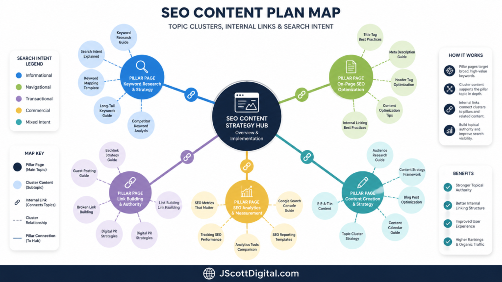 Concept map showing search intent, entities, internal links, and topic clusters for an SEO content plan