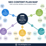 Concept map showing search intent, entities, internal links, and topic clusters for an SEO content plan