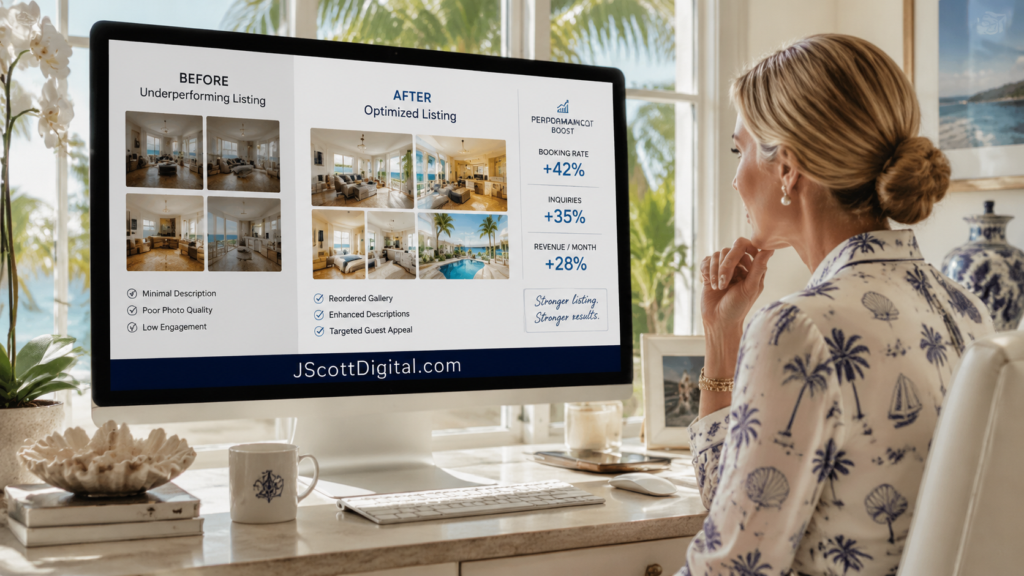 A woman in elegant coastal attire sits in a bright, sun-drenched Palm Beach home office, looking at a large desktop monitor. The screen displays a professional dashboard showing a side-by-side "before and after" comparison of a vacation rental listing. The updated version features a reordered gallery of vibrant, well-lit interior photos, polished marketing descriptions, and annotated notes highlighting improved booking rates and performance metrics. At the bottom of her computer display is the URL JScottDigital.com Through the window behind the desk, tropical greenery and palm fronds are visible in the soft-focus background, complementing the clean and modern workspace.