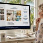 How to Audit and Optimize a Vacation Rental Listing A woman in elegant coastal attire sits in a bright, sun-drenched Palm Beach home office, looking at a large desktop monitor. The screen displays a professional dashboard showing a side-by-side "before and after" comparison of a vacation rental listing. The updated version features a reordered gallery of vibrant, well-lit interior photos, polished marketing descriptions, and annotated notes highlighting improved booking rates and performance metrics. At the bottom of her computer display is the URL JScottDigital.com Through the window behind the desk, tropical greenery and palm fronds are visible in the soft-focus background, complementing the clean and modern workspace.