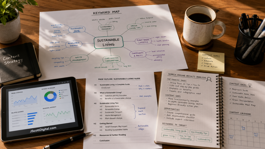 Editorial desk with keyword map, page outline, and search results planning notes
