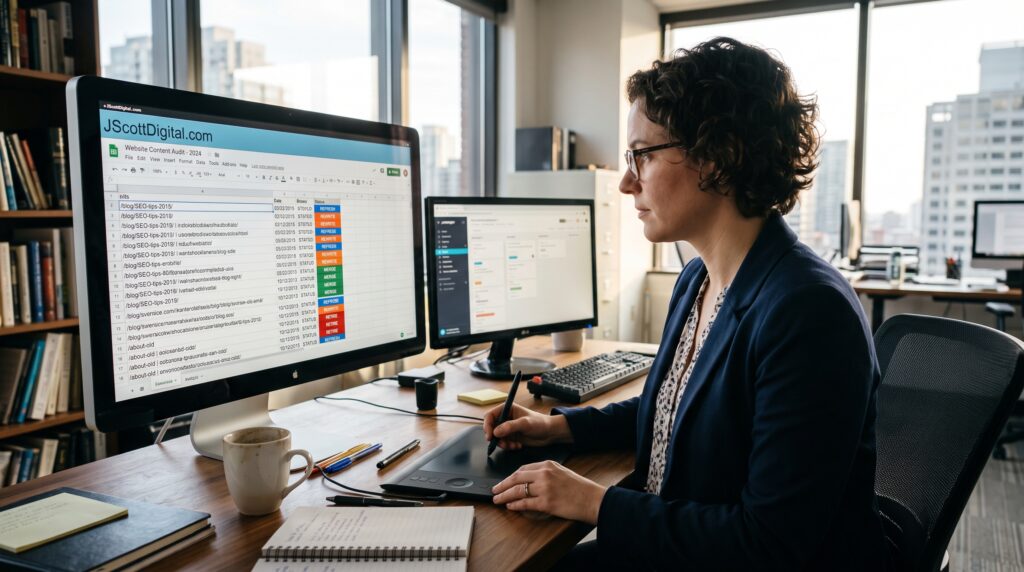 A professional editor in a bright office reviews a digital inventory of dated website pages, meticulously applying strategic content decisions.