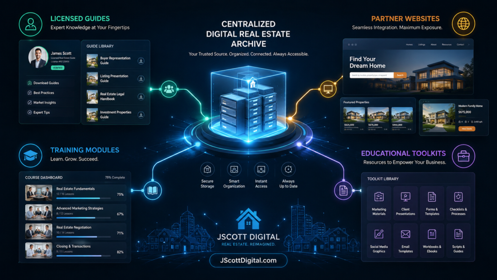 A centralized digital real estate archive functioning as a core hub, with glowing network pathways branching out into distinct visual sectors for licensed guides, partner website interfaces, structured training modules, and educational toolkits.