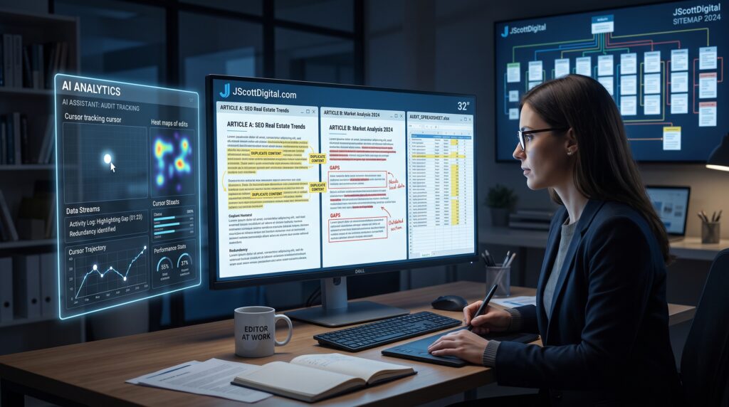 A professional editor meticulously compares redundant real estate articles and audit spreadsheets on a large glowing monitor, marking overlapping text and content gaps with digital annotations.