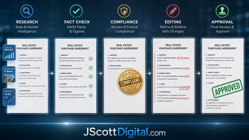 A professional visualization of a real estate document progressing through a sequential workflow.