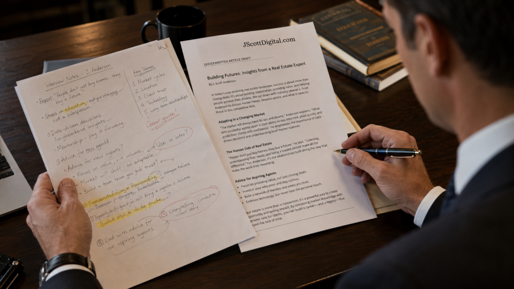 A focused executive in business attire sits at a desk, carefully examining a pair of documents: a set of interview notes covered in handwritten annotations and highlighter marks, and a formal draft of a ghostwritten real estate article.