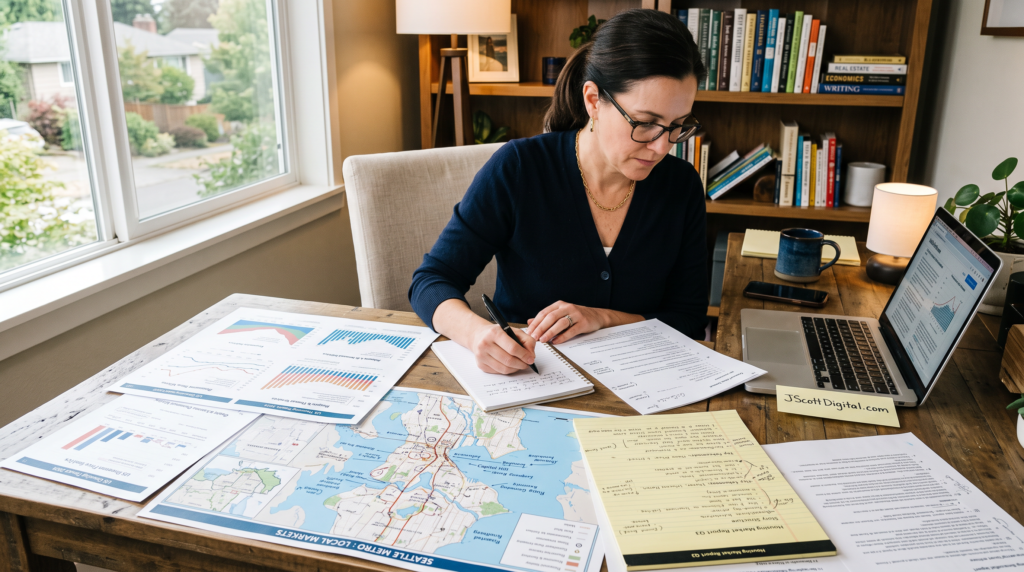 A professional writer focused on a workspace spread with detailed housing market trend graphs, a large-scale neighborhood map with local markings, and pages of editorial outlines.