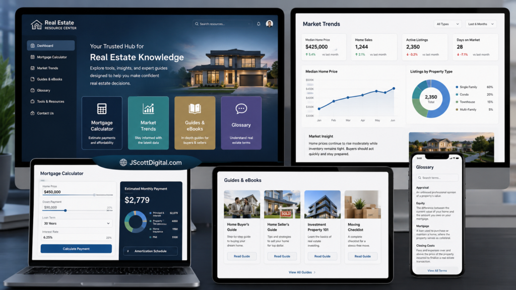 A professional, organized digital real estate resource center displayed across multiple sleek monitors and mobile devices.