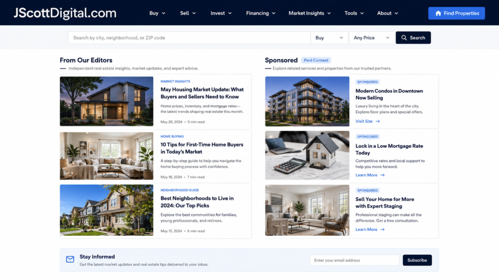 A professional real estate website user interface featuring a prominent header with the URL JScottDigital.com.