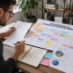 Why Safe Real Estate Thought Leadership Gets Ignored A focused real estate content strategist at a modern desk reviewing a collection of handwritten article notes and printed charts showing audience demographic segments.