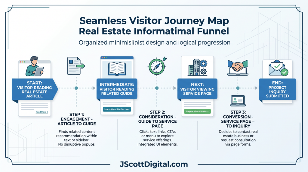 A clean, professional visitor journey map illustrating a seamless flow from a real estate article to a related guide, followed by a service page, and concluding at a project inquiry.