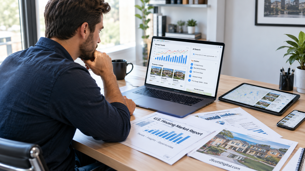 A focused real estate professional content creator works at a modern desk, looking intently at a laptop screen that displays a combination of colorful market trend graphs, property listings, and an AI interface with search results.