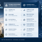 A professional B2B real estate infographic featuring a modern corporate layout that contrasts technical specifications with buyer-focused business value.