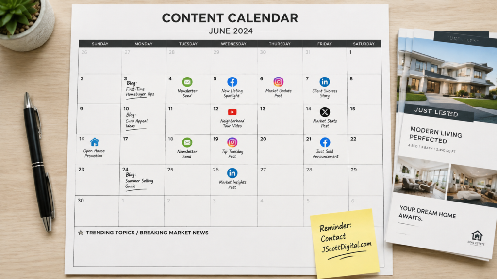 Flat lay perspective of a minimalist monthly content calendar for real estate.