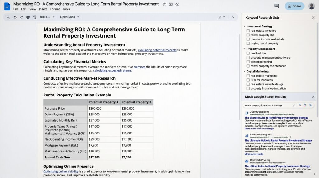 A detailed real estate article draft displayed as a digital document, featuring structured headings, underlined internal links, and a sidebar showing keyword research lists alongside a mock Google search results page.