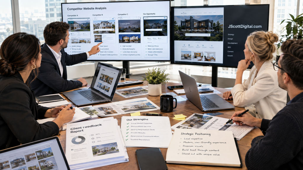 A professional real estate team engaged in a brand strategy session, gathered around a workspace filled with digital and physical media.