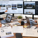 A professional real estate team engaged in a brand strategy session, gathered around a workspace filled with digital and physical media.