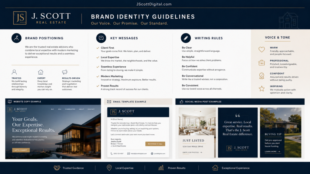 Professional real estate brand identity guidelines presented in a clean, organized layout.