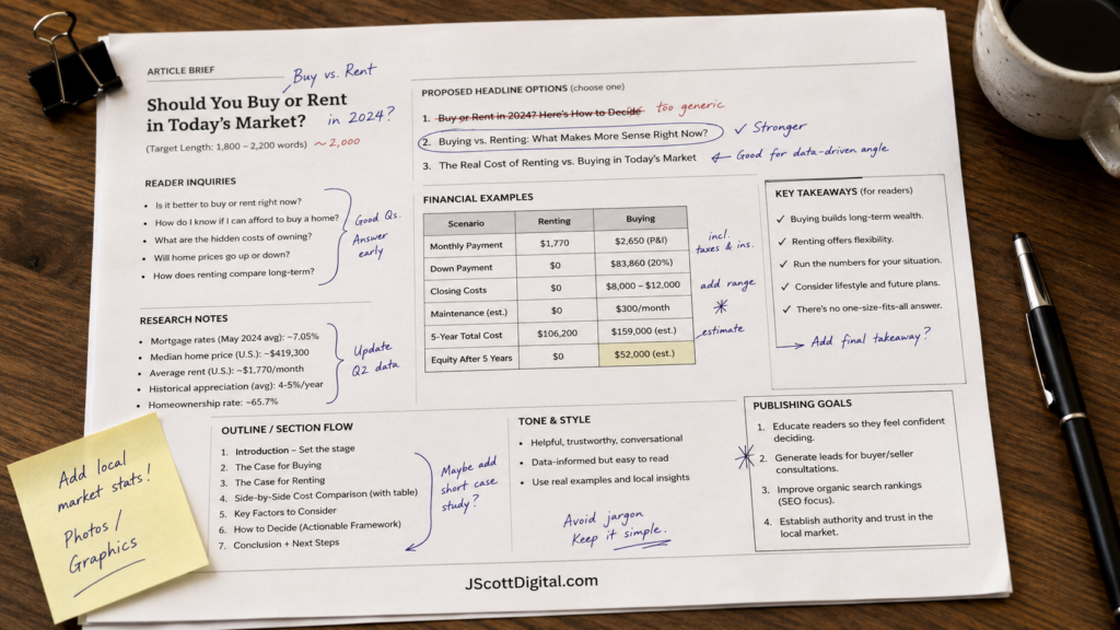 A professional real estate article brief displayed as a physical document, featuring organized sections for reader inquiries and comprehensive research notes.