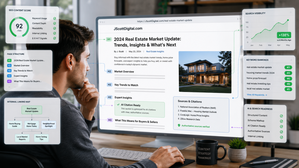 A professional content creator diligently reviewing a digital real estate article on a screen displaying overlaid SEO data visualizations, highlighted page structure elements, and clear markers for AI citations and authoritative sources.