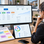 Why a Real Estate Content Strategy Specialist Costs More A professional real estate content strategist sits at a modern desk, focused on a large monitor displaying a complex website sitemap and a performance dashboard with rising search metrics.
