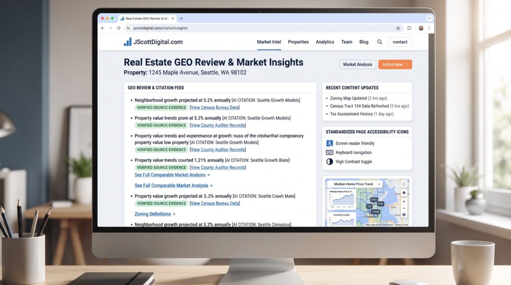 A professional and detailed real estate GEO review interface, featuring distinct AI-generated citations with verified source evidence markers.