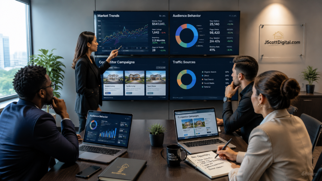 A professional real estate marketing team focused on comparing market trend visualizations, audience behavior analytics, and competitor campaign layouts in a modern office setting.