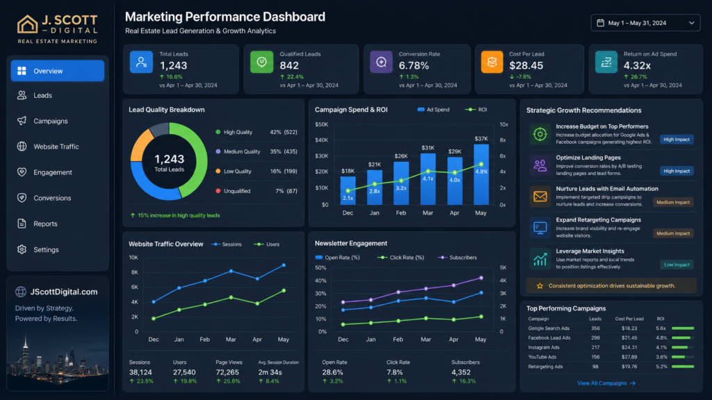 Professional real estate marketing dashboard displayed on a sleek digital interface, featuring a multi-panel layout with detailed data visualizations.