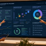 How Real Estate Marketing Research Uncovers Key Opportunities Two content creators collaborating in front of a large, luminous real estate marketing dashboard.