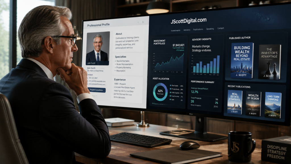 A sophisticated real estate professional in their late 50s or 60s thoughtfully reviewing a digital workspace.