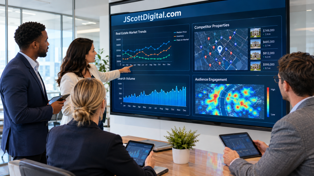 A diverse real estate marketing team collaborates in a modern office, gathered around a large interactive wall display showing a comprehensive data dashboard.