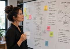 A professional female entrepreneur thoughtfully analyzing a detailed planning board filled with flowcharts and diagrams of real estate workflows and AI business opportunities. The scene maintains the original composition, focusing on her reflective expression and the organized complexity of the board. In her hand, she holds a coffee cup featuring the legible text "JScottDigital.com" on its surface. The lighting is soft and natural, emphasizing the textures of the sticky notes and the clean, modern office environment.