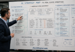 A real estate executive stands before a large strategy board, meticulously outlining AI pilot initiatives, workflow risk assessments, and sequential approval phases. The board is filled with interconnected diagrams, process flowcharts, and technical notations relevant to real estate technology. At the very bottom edge of the board, the text "JScottDigital.com" is clearly visible. The scene maintains a professional office environment, focusing on the detailed content of the strategy map and the executive's engaged posture.