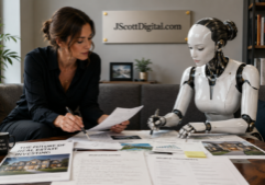 A female human editor and a sleek, humanoid AI figure sit side-by-side on an office couch, collaborating on a real estate article, research notes, and source documents spread out between them.