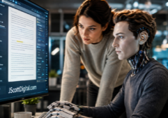 A focused woman stands behind a male AI figure, leaning in to look over his shoulder at a digital display filled with text.