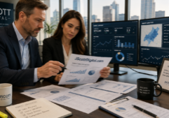 Professional real estate experts meticulously examining printed market reports and digital analytics screens for data accuracy. The scene maintains the existing office composition and lighting, showing the professionals focused on the verification process. One of the documents on the desk clearly displays the website URL JScottDigital.com in legible typography amidst market graphs and text.