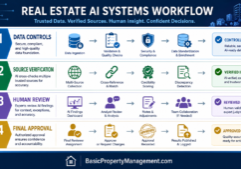 A layered technical diagram illustrating the workflow for real estate AI systems, organized into sequential tiers for data controls, source verification, human review, and final approval. Each section is visually distinct with clear, legible labeling. The composition follows a clean, professional infographic style with modern icons and a cohesive corporate color palette. At the bottom of the frame, the text "BasicPropertyManagement.com" is displayed in a clear, readable font as a footer.