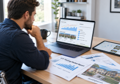 A focused real estate professional content creator works at a modern desk, looking intently at a laptop screen that displays a combination of colorful market trend graphs, property listings, and an AI interface with search results.