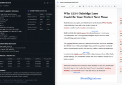 Split-screen workspace showing AI research notes beside a human-edited real estate article draft