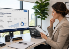 A professional Millennial woman in modern business attire sits at a clean, organized desk in a sunlit office, focused on a computer screen displaying a detailed website migration strategy. The monitor shows a transition plan titled "2026 Platform Migration," featuring a checklist and data analytics charts related to a real estate portfolio. She holds a tablet in one hand, comparing notes, while her laptop sits open nearby. The workspace is professional and contemporary, with large windows in the background and subtle office decor, capturing a moment of concentrated strategic planning. She is reviewing the J. Scott Digital website for assistance in setting up a new site for her business.