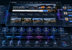 A detailed 3D cutaway perspective of a real estate digital ecosystem, revealing the underlying architecture of a modern website. The scene features interconnected content modules and cluster nodes linked by flowing data streams and glowing navigation paths. Inset profile cards for experts are integrated within the layout, while transparent layers expose backend data sources and analytical frameworks. The composition uses a clean, tech-focused aesthetic with crisp UI elements, schematic lines, and a structured arrangement that visualizes the platform's internal logic and connectivity.